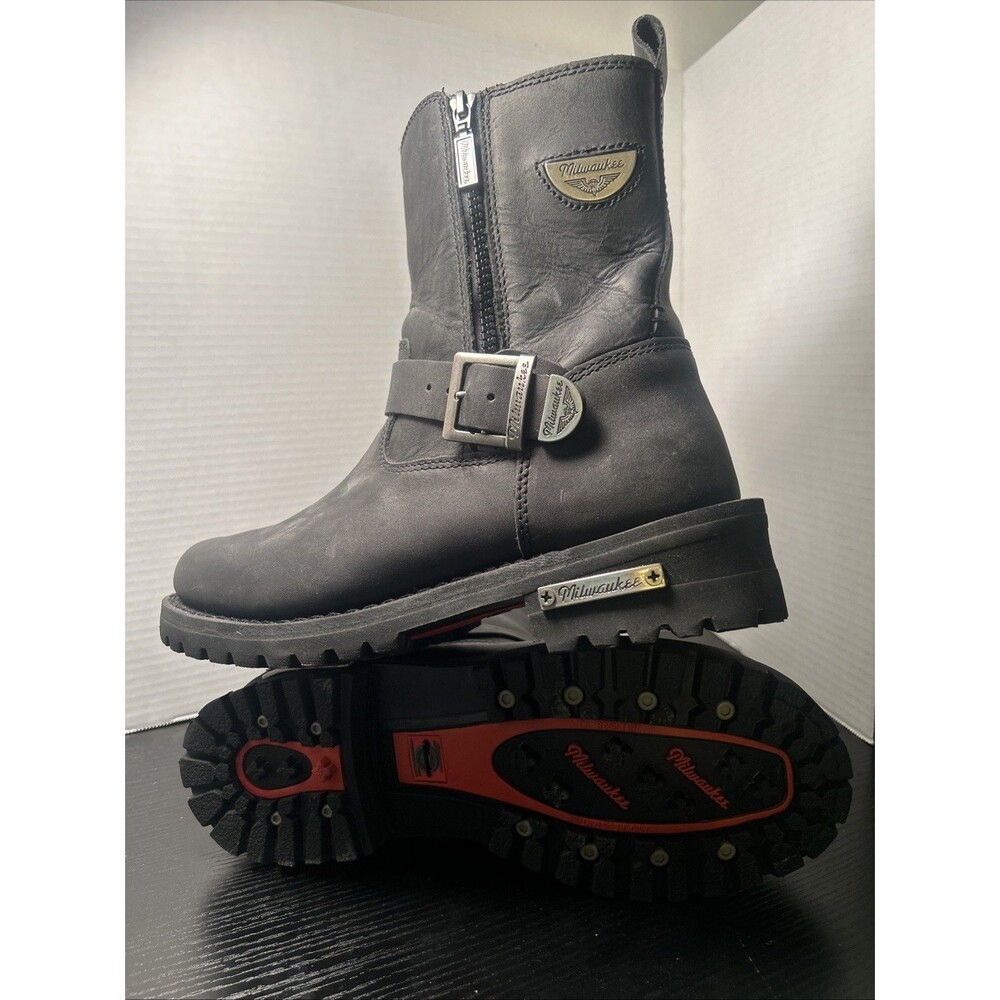 Men Black Leather  MILWAUKEE Freedom Flex Side Zip Mid Calf Motorcyle Boots 9.5D